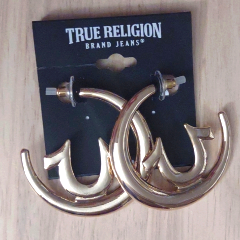True Religion Symbol Logo Gold Hoop Earrings Y2k Bling